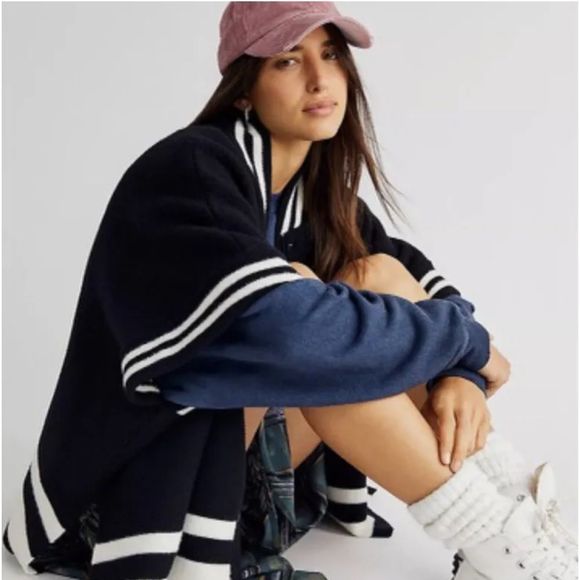 Free People Pep Rally Stripe Poncho Sweater Jacket Snaps Cobalt Black White - Picture 1 of 6